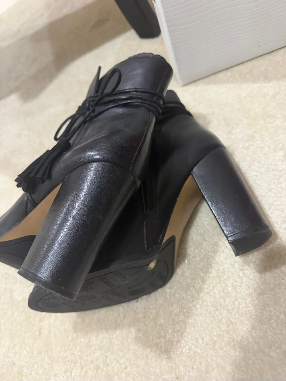 Vince Camuto Black Leather Ankle Boots with Wrap and Tassel